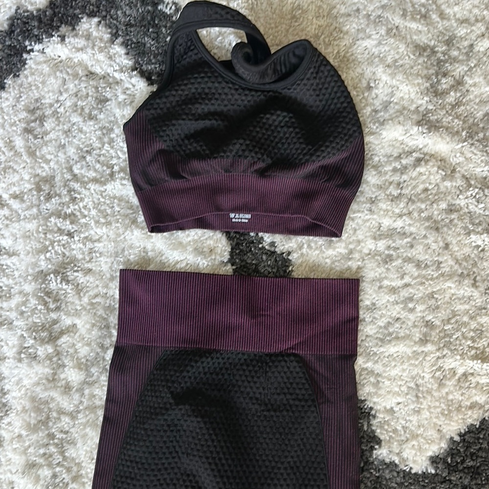 Black and Purple Textured Crop Top and pant workout  Set